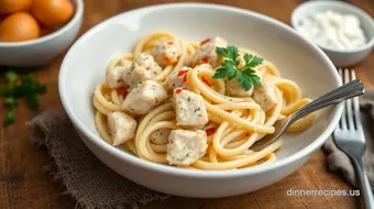 Quick Chicken Pasta with Creamy Garlic Sauce recipe card