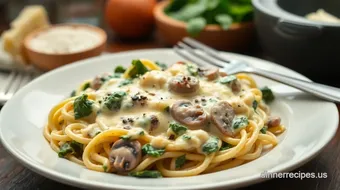 The Secret to Cook Quick Spinach Mushroom Alfredo in 30 Min! recipe card