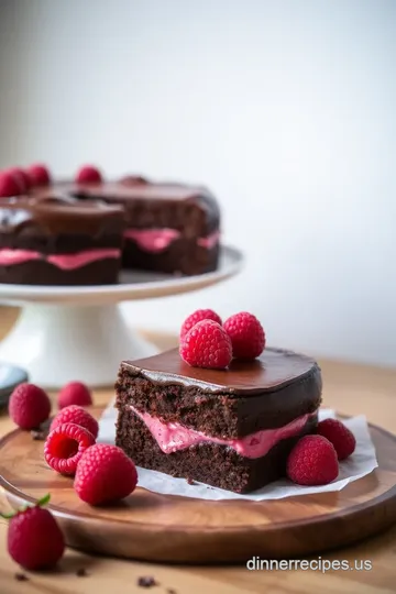 Decadent Chocolate Cake with Raspberry Cream Filling and Ganache Glaze presentation