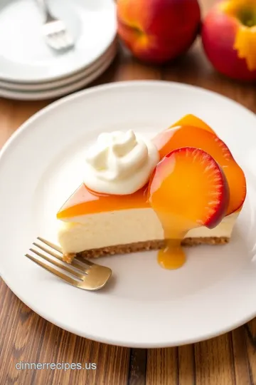 Decadent Baked Peach Cheesecake with Sugary Bliss Topping presentation