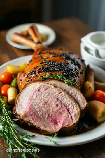 Herb-Crusted Roast Leg of Lamb with Seasonal Veggies presentation