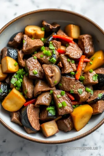 Eggplant Mushroom Stir Fry with Beef presentation