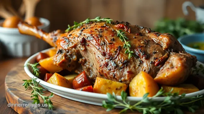 Herb-Crusted Roast Leg of Lamb with Seasonal Veggies